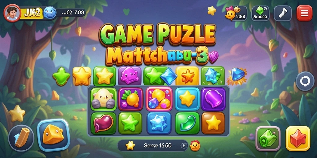 Screenshot permainan JJ62 menunjukkan keseruan gameplay Match-3.