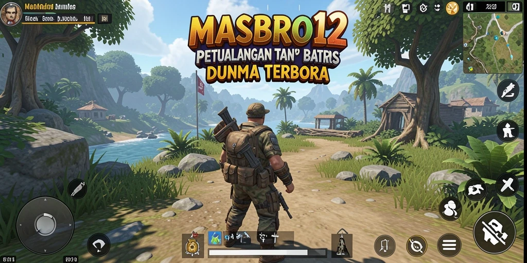 Screenshot utama MASBRO12 menampilkan aksi epik di dunia terbuka.