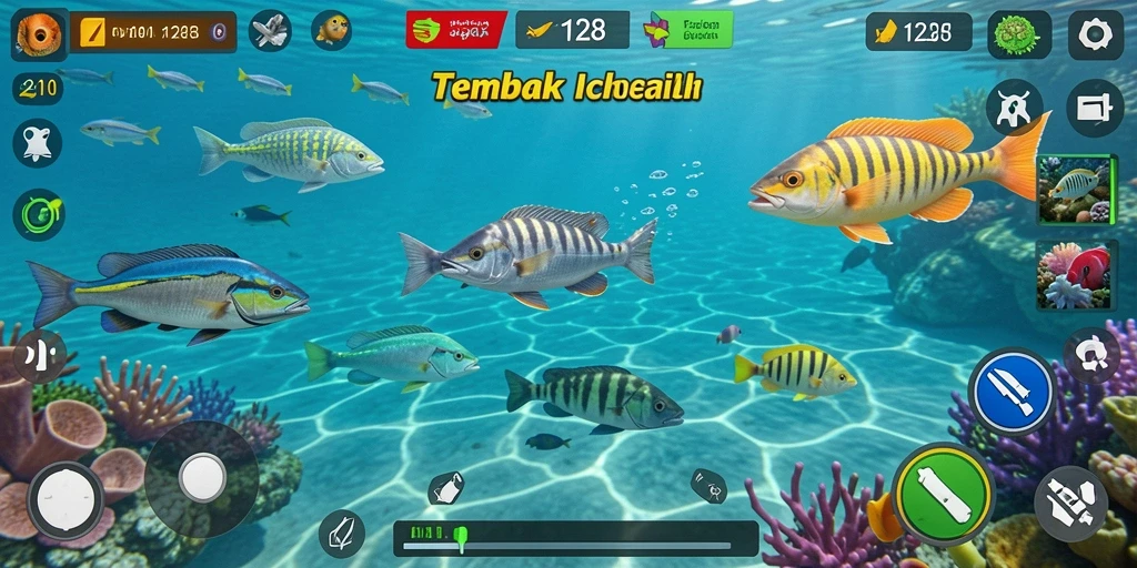 Screenshot gameplay OLX128 yang menampilkan aksi menembak ikan.