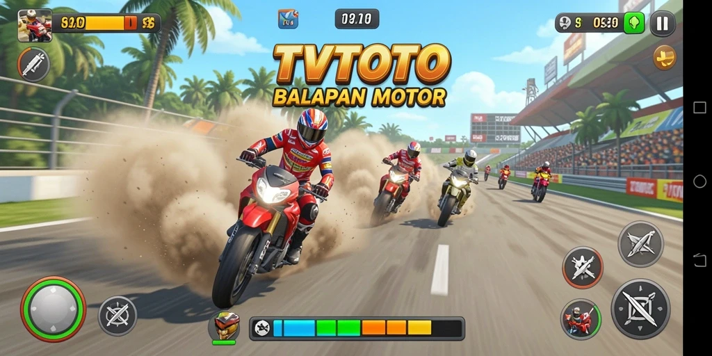 Screenshot gameplay TVTOTO dengan aksi balapan motor yang mendebarkan.